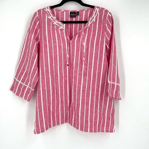 Rafaella Linen Striped lace Tie Top Pink White Large nautical July 4 coastal EUC - Picture 1 of 10